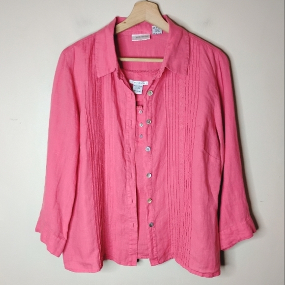 100% Linen Twin Set | Coral Button Shirt + Matching Tank | M/L - Picture 2 of 13
